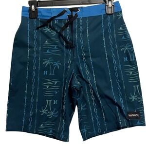 Hurley Kids Board Shorts Swim Trunks Size 12 Blue Palm Tree 4 Way Stretch